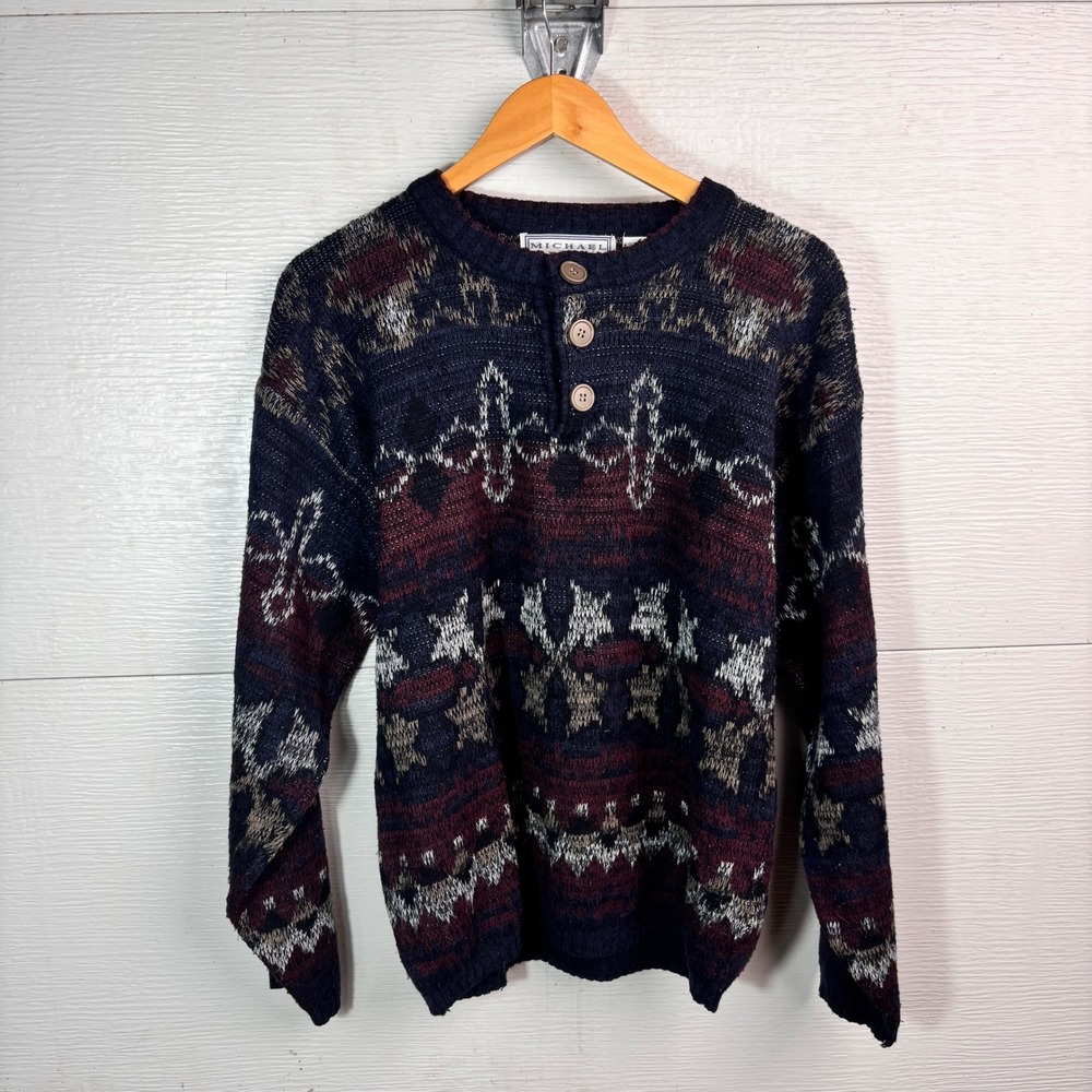 Vintage Michael Gerald Sweater Geometric Henley Grandpa Knit 90s Medium